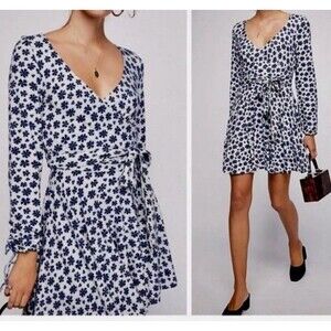 Free People Pradera Floral Wrap Mini Dress White Navy Size Small Long Sleeve